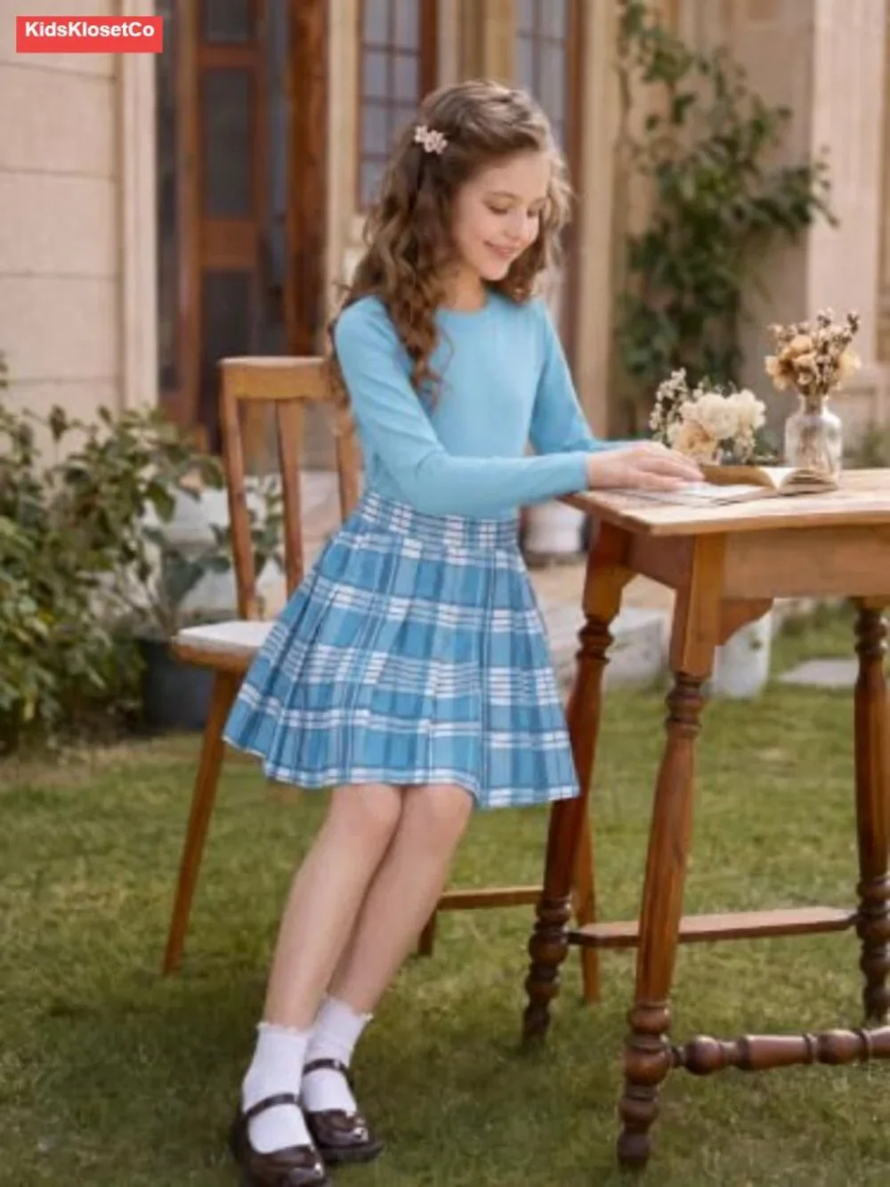 Girls Uniform Skirt Set Long Sleeve Slim Fit Shirt Pleated Skirt - Plaid